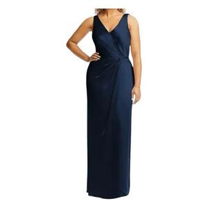 After Six Whisper Formal Gown Faux Wrap Tulip Skirt Midnight Navy Satin 6